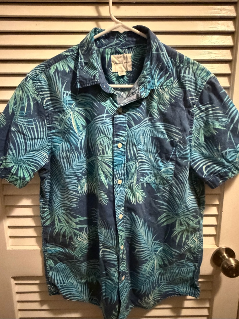 Men's Blue Tropical Print Short Sleeve Shirt Medium